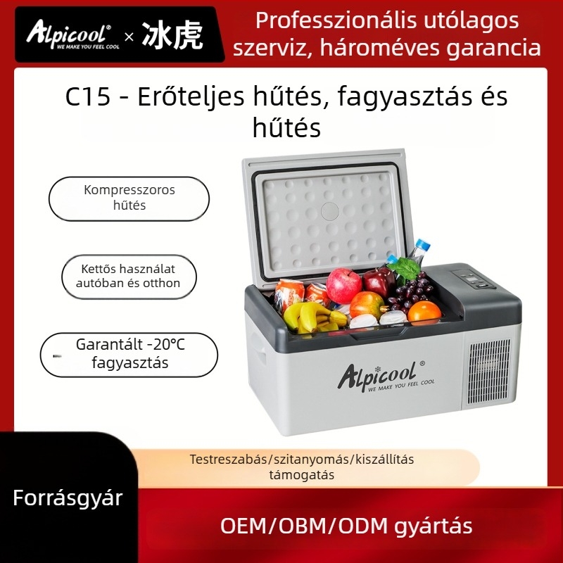 Kompreszoros autós hűtő, 16-20L, 12V/24V, 60W, -20°C-ig hűtés, testreszabható