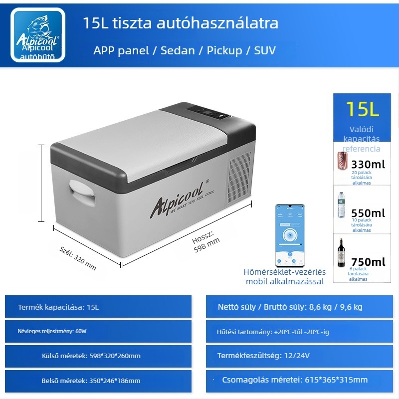 Kompreszoros autós hűtő, 16-20L, 12V/24V, 60W, -20°C-ig hűtés, testreszabható