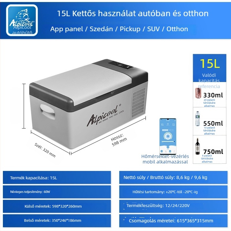 Kompreszoros autós hűtő, 16-20L, 12V/24V, 60W, -20°C-ig hűtés, testreszabható