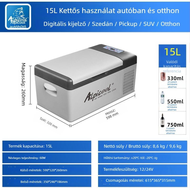Kompreszoros autós hűtő, 16-20L, 12V/24V, 60W, -20°C-ig hűtés, testreszabható