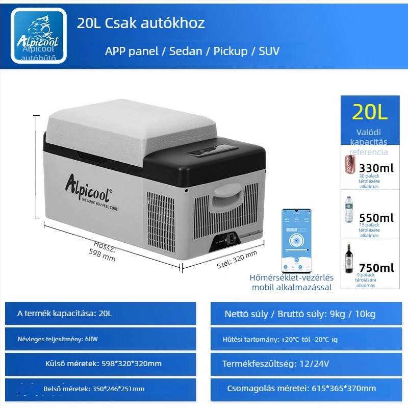 Kompreszoros autós hűtő, 16-20L, 12V/24V, 60W, -20°C-ig hűtés, testreszabható