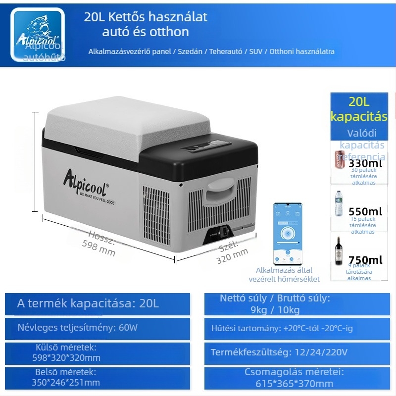 Kompreszoros autós hűtő, 16-20L, 12V/24V, 60W, -20°C-ig hűtés, testreszabható