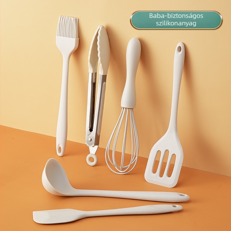 Élelmiszerbiztonságos szilikon baba etető készlet: spatula, mini kanál, tojáshabosító, ételklipsz; élelmiszer-szilikon, hőálló, csúszásmentes, tapadásmentes