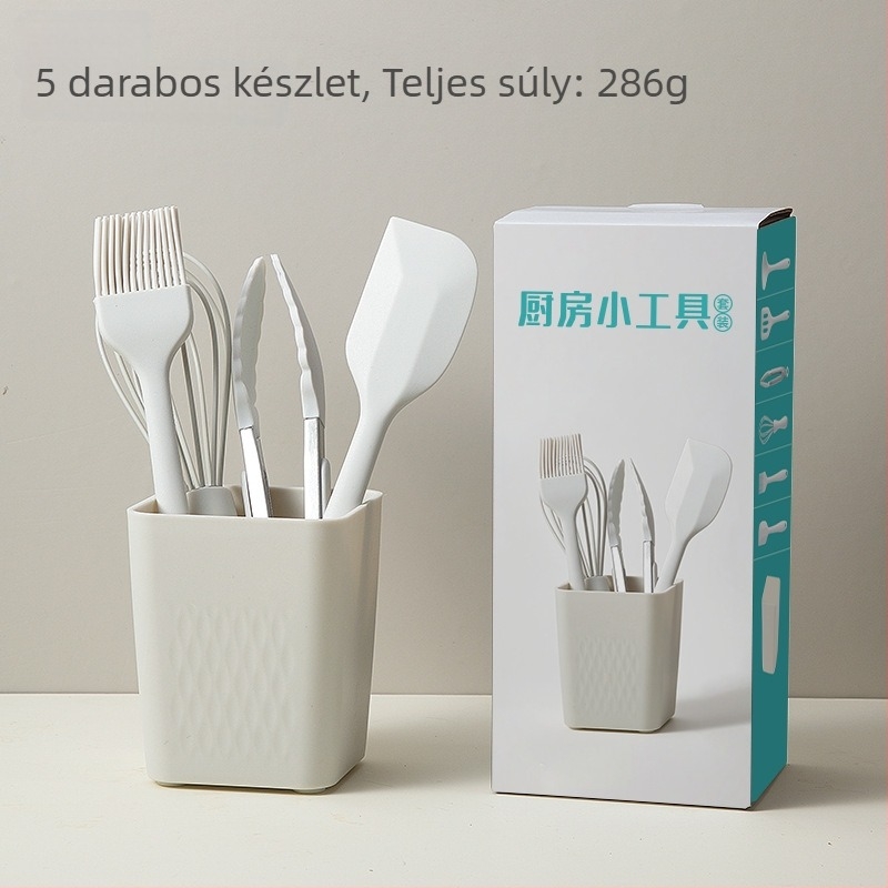 Élelmiszerbiztonságos szilikon baba etető készlet: spatula, mini kanál, tojáshabosító, ételklipsz; élelmiszer-szilikon, hőálló, csúszásmentes, tapadásmentes