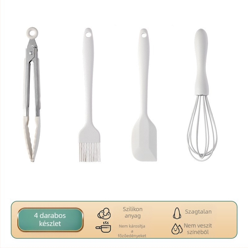 Élelmiszerbiztonságos szilikon baba etető készlet: spatula, mini kanál, tojáshabosító, ételklipsz; élelmiszer-szilikon, hőálló, csúszásmentes, tapadásmentes