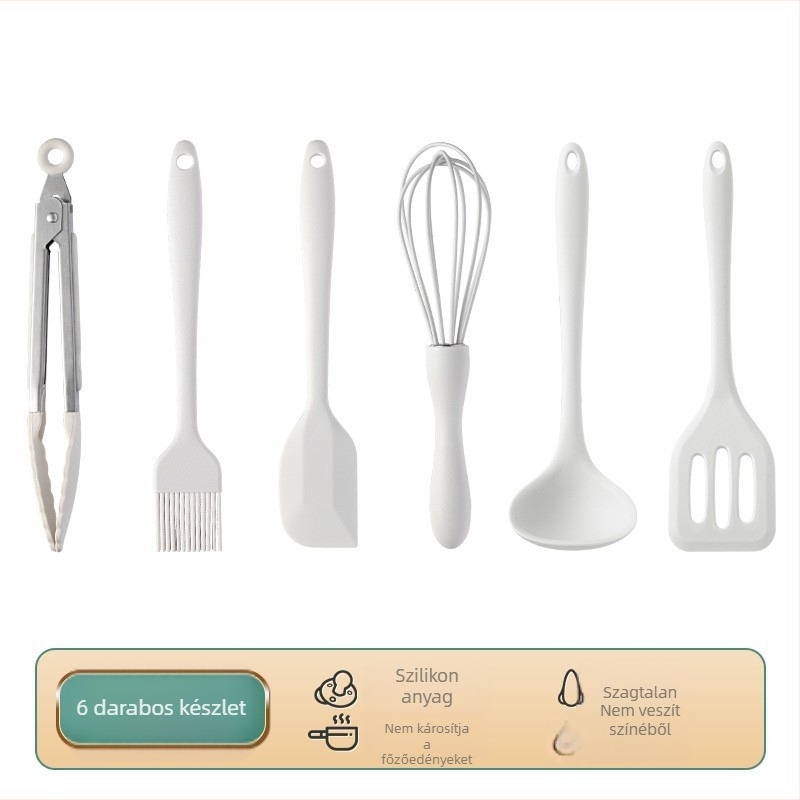 Élelmiszerbiztonságos szilikon baba etető készlet: spatula, mini kanál, tojáshabosító, ételklipsz; élelmiszer-szilikon, hőálló, csúszásmentes, tapadásmentes