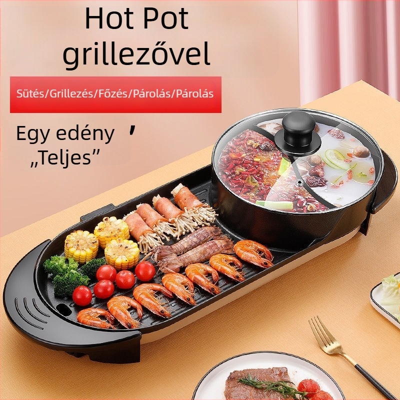 Elektromos Shabu-Shabu és grill edény, kettős funkcióval, 6L+ kapacitás, 1000–1200W, fém test