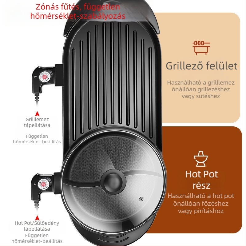 Elektromos Shabu-Shabu és grill edény, kettős funkcióval, 6L+ kapacitás, 1000–1200W, fém test