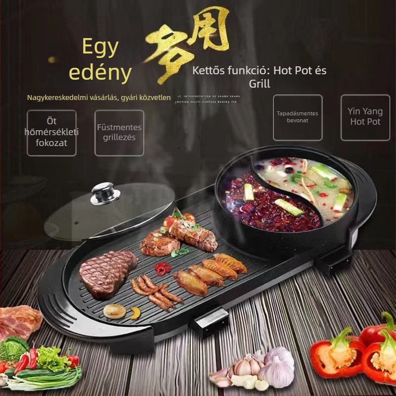 Elektromos Shabu-Shabu és grill edény, kettős funkcióval, 6L+ kapacitás, 1000–1200W, fém test
