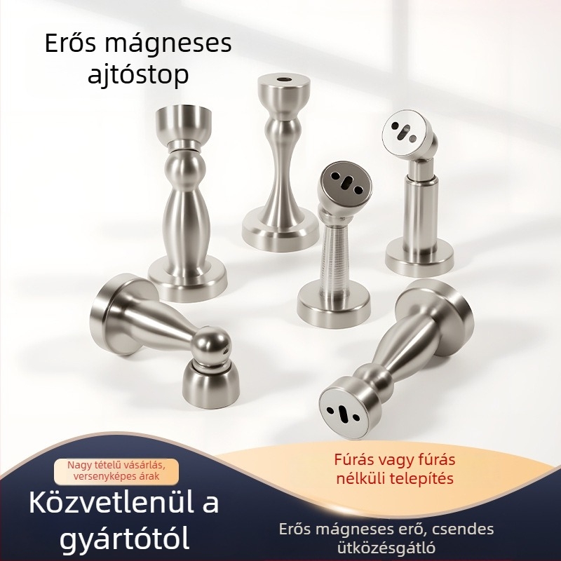 Ajtóstopper 304 rozsdamentes acélból, falra szerelhető fúrás nélkül, antiütközés, állítható, csendes mágneses