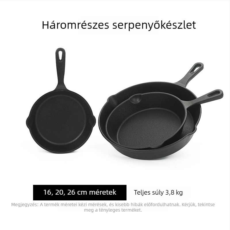 Három darabos vas serpenyő készlet, vastag aljjal, bevonat nélkül, tapadásmentes felülettel, mini tojásserpenyő, háztartási konyhai eszközök