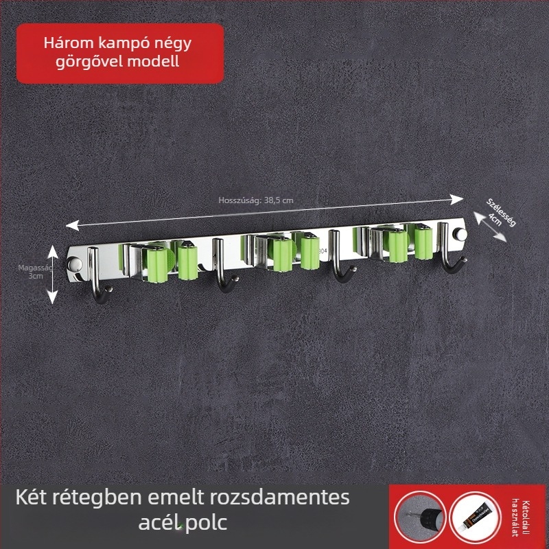 304 rozsdamentes acél felmosó tartó, falra szerelhető fúrás nélkül, fürdőszobai klipsz