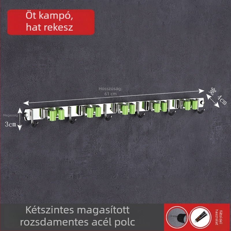 304 rozsdamentes acél felmosó tartó, falra szerelhető fúrás nélkül, fürdőszobai klipsz