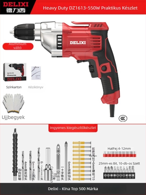 Elektromos kézi fúró – kefés motor, Li-ion akkumulátor, gyorscsavaros tokmány, fúrás fára és kompozit anyagokra, előre/ hátra forgás