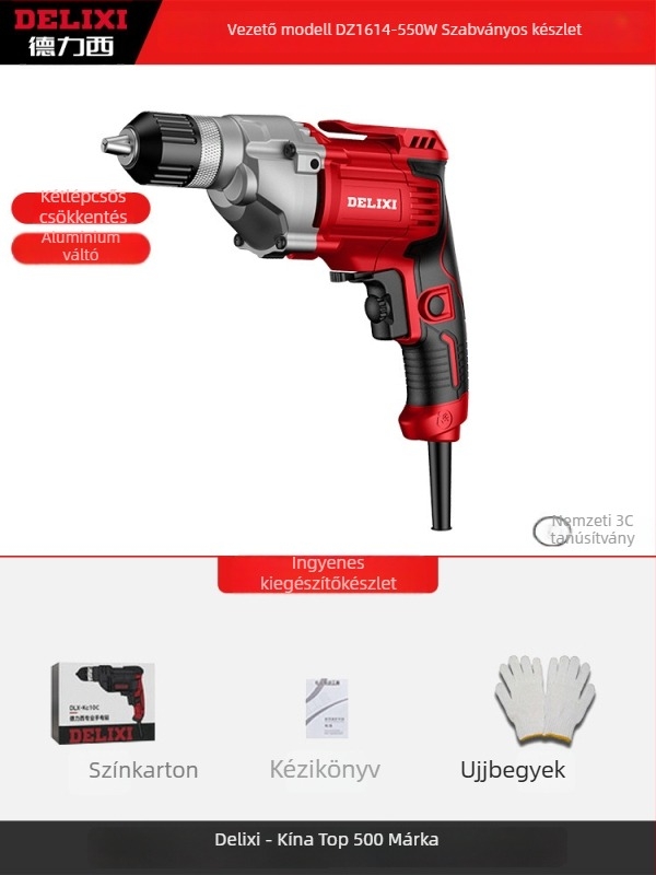 Elektromos kézi fúró – kefés motor, Li-ion akkumulátor, gyorscsavaros tokmány, fúrás fára és kompozit anyagokra, előre/ hátra forgás