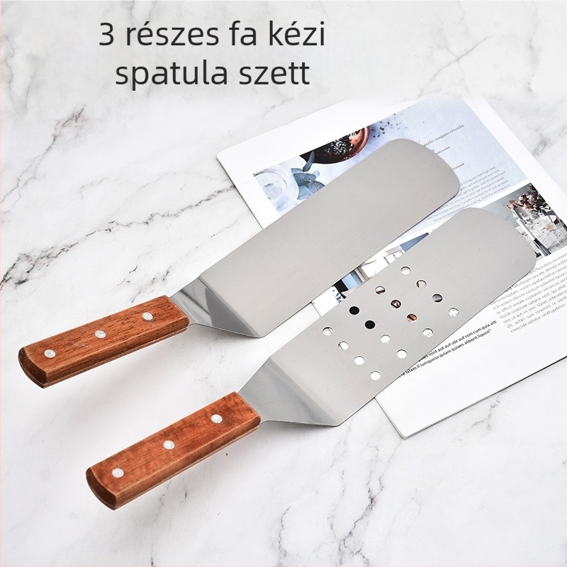 3-darabos rozsdamentes acél konyhai spatula készlet fa nyélekkel — tapadásmentes, hőálló, égésvédelmi