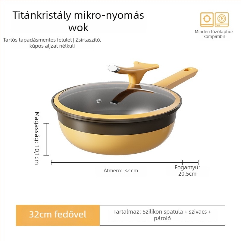 Vasból készült wok titán-keramikus tapadásmentes bevonattal, üvegfedővel, univerzális tűzhelyhez, modell Acspa