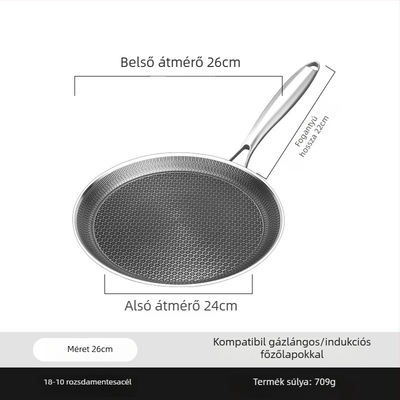 316-os rozsdamentes acél kör alakú grillsütő serpenyő, tapadásmentes, gáz- és indukciós kompatibilis, súlya 1 kg