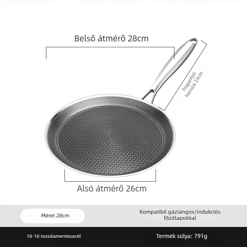 316-os rozsdamentes acél kör alakú grillsütő serpenyő, tapadásmentes, gáz- és indukciós kompatibilis, súlya 1 kg