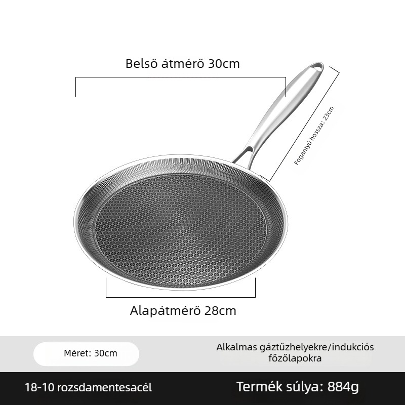 316-os rozsdamentes acél kör alakú grillsütő serpenyő, tapadásmentes, gáz- és indukciós kompatibilis, súlya 1 kg