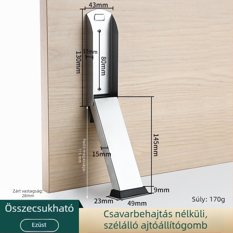 Rozsdamentes acél ajtóstop, kefével kezelt felület, kinyújtott kialakítás.