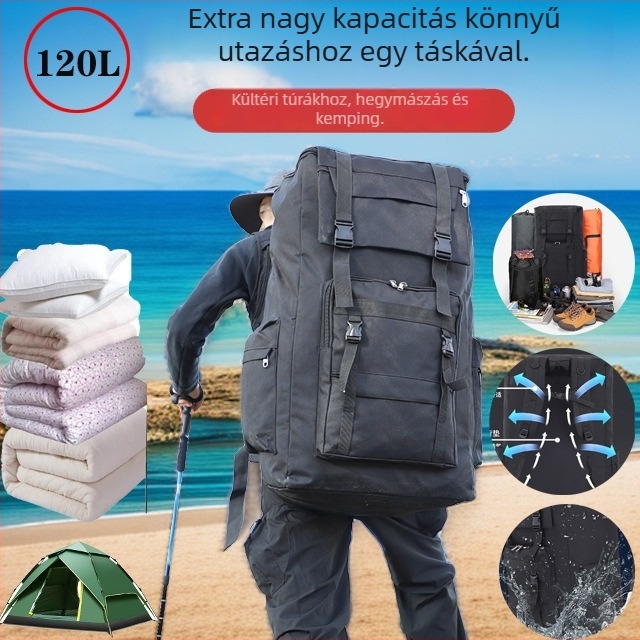 Szabadidős utazó hátizsák 56-75L, Oxford anyag, 16 hüvelykes laptop-kompatibilis, légpárnás vállpántok, vízálló, lélegző, lopás elleni, bővíthető
