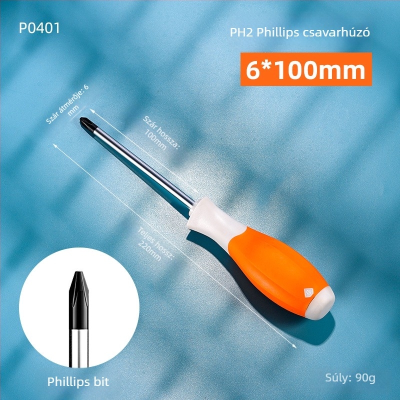 Ipari osztályú kétfejű PH2 Phillips csavarhúzó mágneses heggel és izolált markolattal, Cr-V acélból