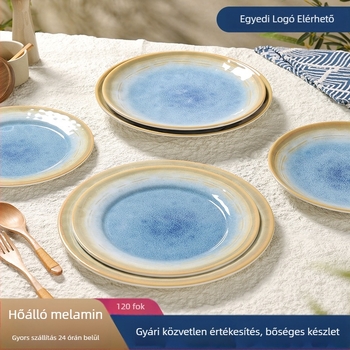 Melamin tányér változatos mintákkal, kerek formájú, modern minimalista stílus, logó nyomtatásával testreszabható.