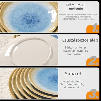 Melamin tányér változatos mintákkal, kerek formájú, modern minimalista stílus, logó nyomtatásával testreszabható.
