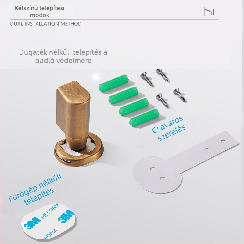 Mágneses padlóra szerelt ajtóstop, modell 8691, cinkötvözet, elektroplakált felület, fúrás nélküli telepítés, ütődés elleni és csendes működés
