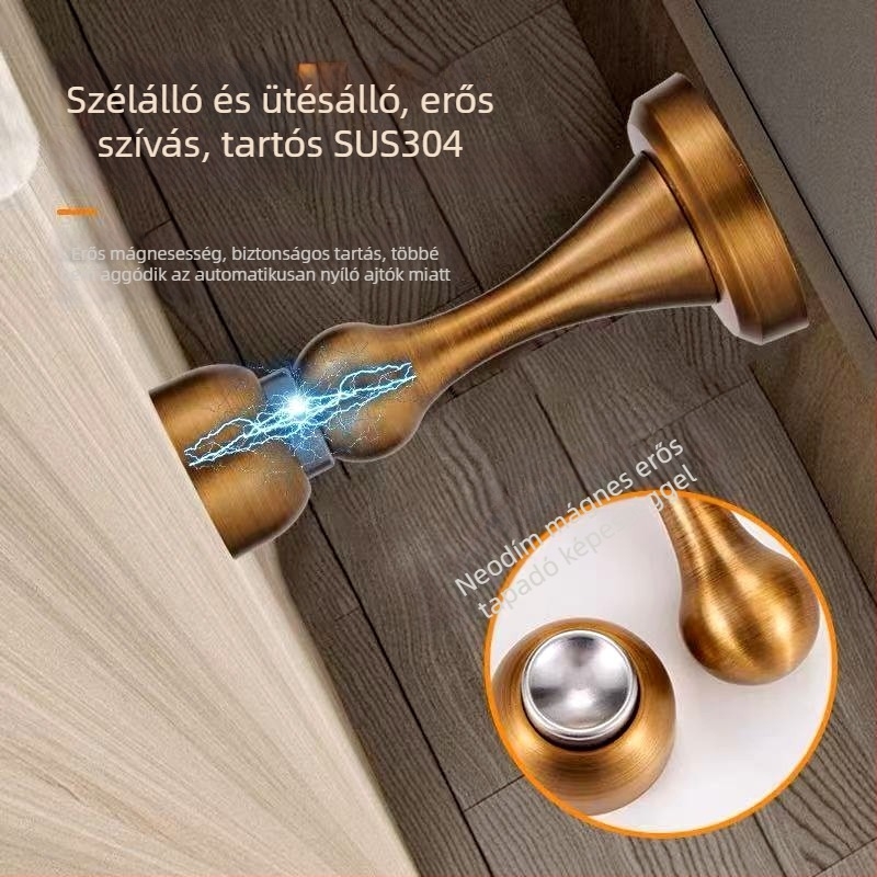 304 rozsdamentes acél ajtóstopper, szálcsiszolt felület, padlóhoz szerelhető, automata működés, modern minimalista stílus