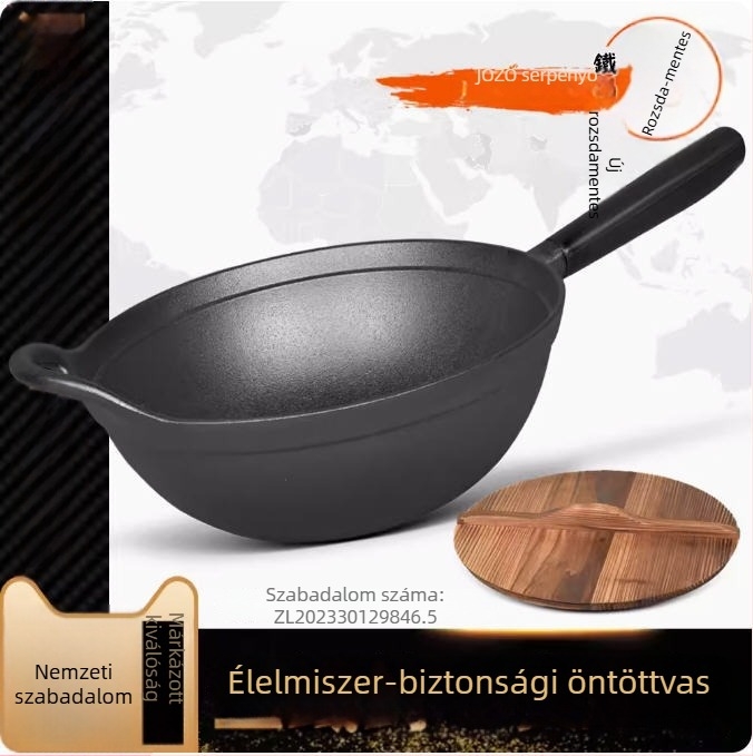 Öntöttvas wok sík aljzattal és fa fedővel, modell JZ-ZTZHDB31C