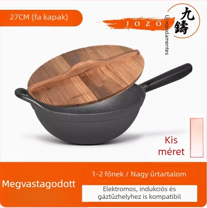 Öntöttvas wok sík aljzattal és fa fedővel, modell JZ-ZTZHDB31C