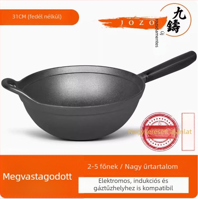 Öntöttvas wok sík aljzattal és fa fedővel, modell JZ-ZTZHDB31C