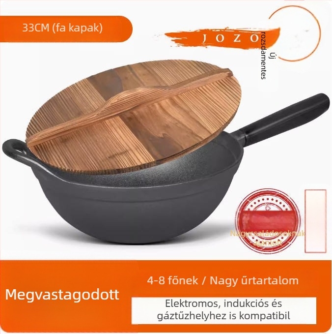 Öntöttvas wok sík aljzattal és fa fedővel, modell JZ-ZTZHDB31C