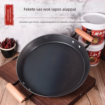 Lapos aljú kovácsoltvas serpenyő, bevonat nélküli, dupla fogantyúval, palacsintás serpenyő, otthoni használatra