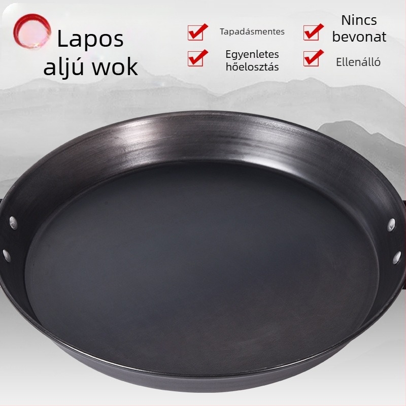 Lapos aljú kovácsoltvas serpenyő, bevonat nélküli, dupla fogantyúval, palacsintás serpenyő, otthoni használatra