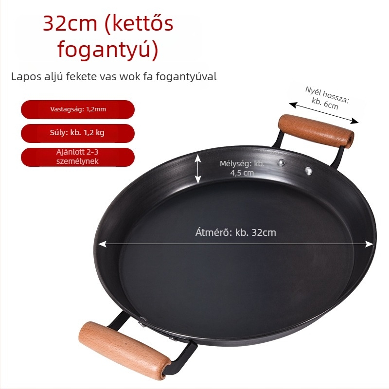 Lapos aljú kovácsoltvas serpenyő, bevonat nélküli, dupla fogantyúval, palacsintás serpenyő, otthoni használatra