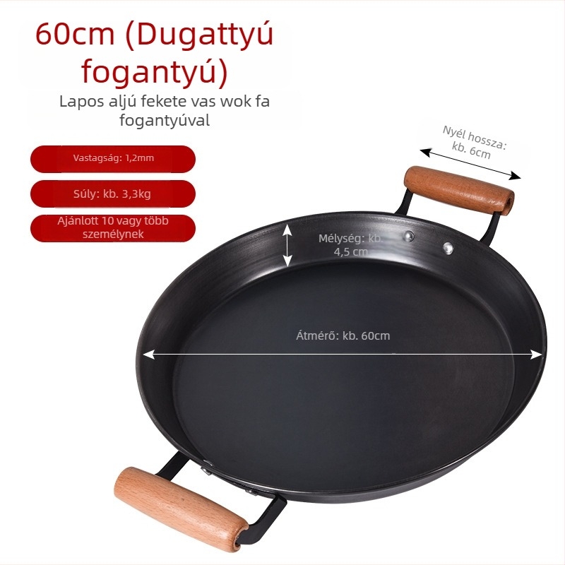 Lapos aljú kovácsoltvas serpenyő, bevonat nélküli, dupla fogantyúval, palacsintás serpenyő, otthoni használatra