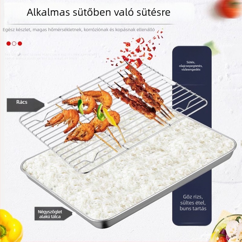 Rozsdamentes acél négyszögletes gőzölő tál szűrővel – mikrohullámú sütőbarát, polírozott felület