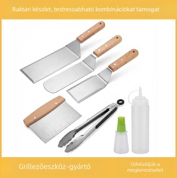 Kempingező BBQ készlet rozsdamentes acélból – Teppanyaki spatula és burger grill készlet