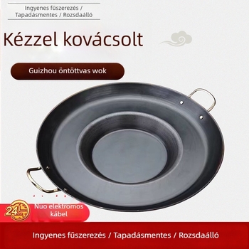 Vastagított vas Wok serpenyő, konkáv aljzattal – Többfunkciós grillezéshez és sütéshez, Gáztűzhelyhez kompatibilis, Rozsdamentes acél fedő