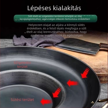 Vastagított vas Wok serpenyő, konkáv aljzattal – Többfunkciós grillezéshez és sütéshez, Gáztűzhelyhez kompatibilis, Rozsdamentes acél fedő