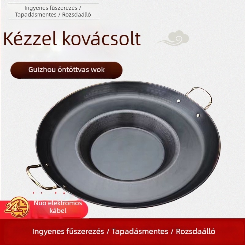 Vastagított vas Wok serpenyő, konkáv aljzattal – Többfunkciós grillezéshez és sütéshez, Gáztűzhelyhez kompatibilis, Rozsdamentes acél fedő