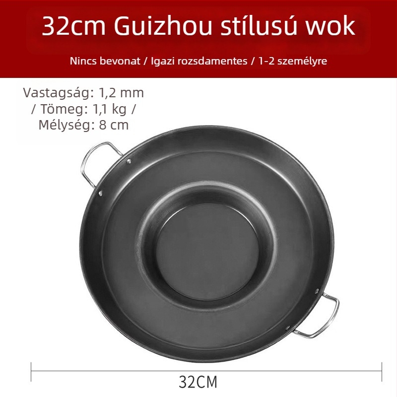 Vastagított vas Wok serpenyő, konkáv aljzattal – Többfunkciós grillezéshez és sütéshez, Gáztűzhelyhez kompatibilis, Rozsdamentes acél fedő