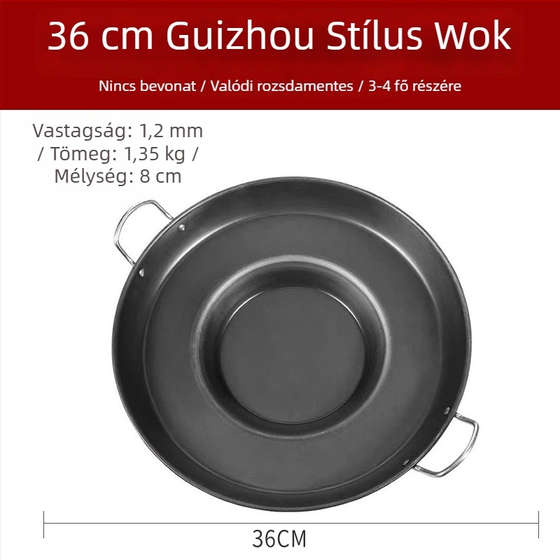 Vastagított vas Wok serpenyő, konkáv aljzattal – Többfunkciós grillezéshez és sütéshez, Gáztűzhelyhez kompatibilis, Rozsdamentes acél fedő