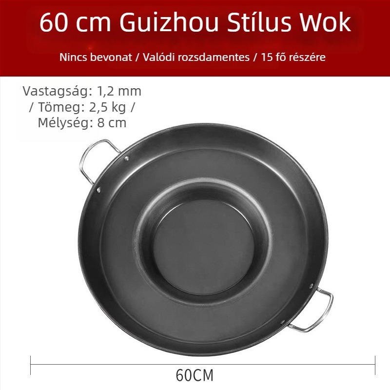 Vastagított vas Wok serpenyő, konkáv aljzattal – Többfunkciós grillezéshez és sütéshez, Gáztűzhelyhez kompatibilis, Rozsdamentes acél fedő