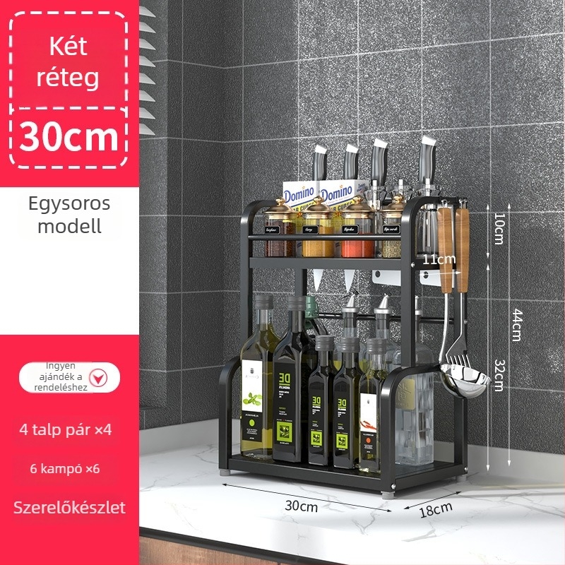 Rozsdamentes acélból készült, több rétegű konyhai fűszeres állvány, asztali használatra, furat nélküli, modern minimalist stílus
