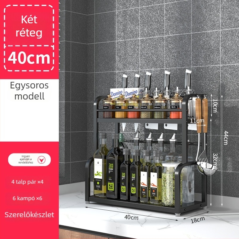 Rozsdamentes acélból készült, több rétegű konyhai fűszeres állvány, asztali használatra, furat nélküli, modern minimalist stílus