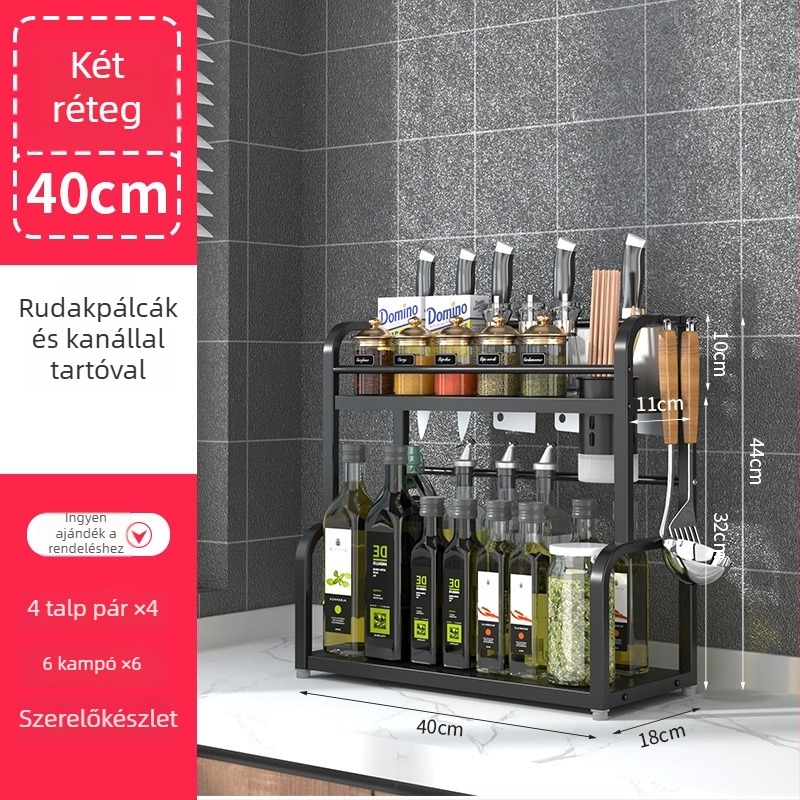 Rozsdamentes acélból készült, több rétegű konyhai fűszeres állvány, asztali használatra, furat nélküli, modern minimalist stílus